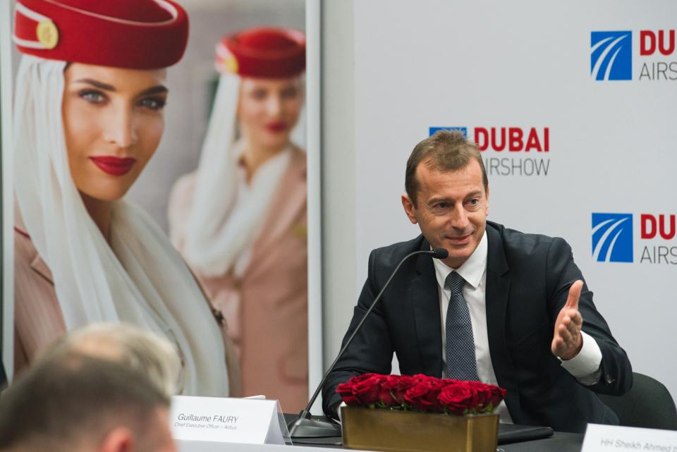 Airbus CEO Guillaume Faury responds to a question during a news conference at the Dubai Airshow in Dubai, United Arab Emirates, Monday, Nov. 18, 2019. The Dubai-based airline Emirates announced Monday a new order for 20 additional wide-body Airbus A350-900 planes in a deal worth $6.4 billion. This brings the airline's total order for the aircraft to 50 Airbus A350s costing $16 billion at list price. (AP Photo/Jon Gambrell)