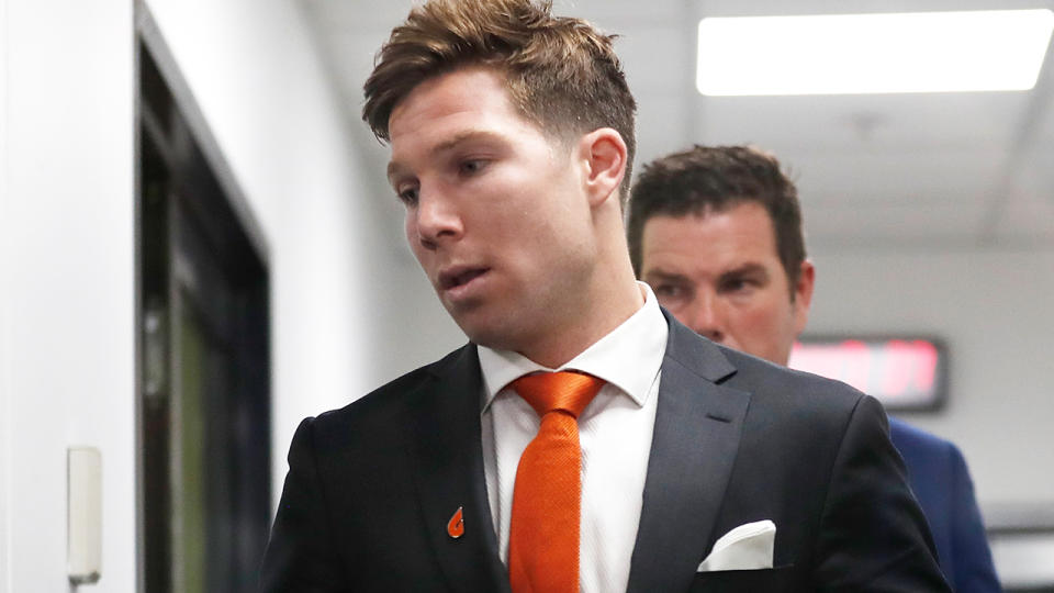 Toby Greene, pictured before fronting the AFL Appeals Board, had his one match ban upheld.