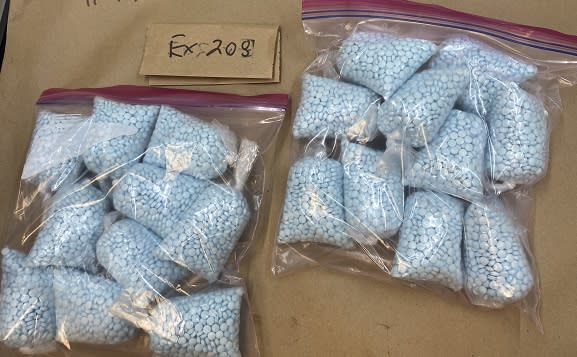 Bags of fentanyl pills seized in a December 2022 investigation of a drug distribution operation in Whatcom County, Washington