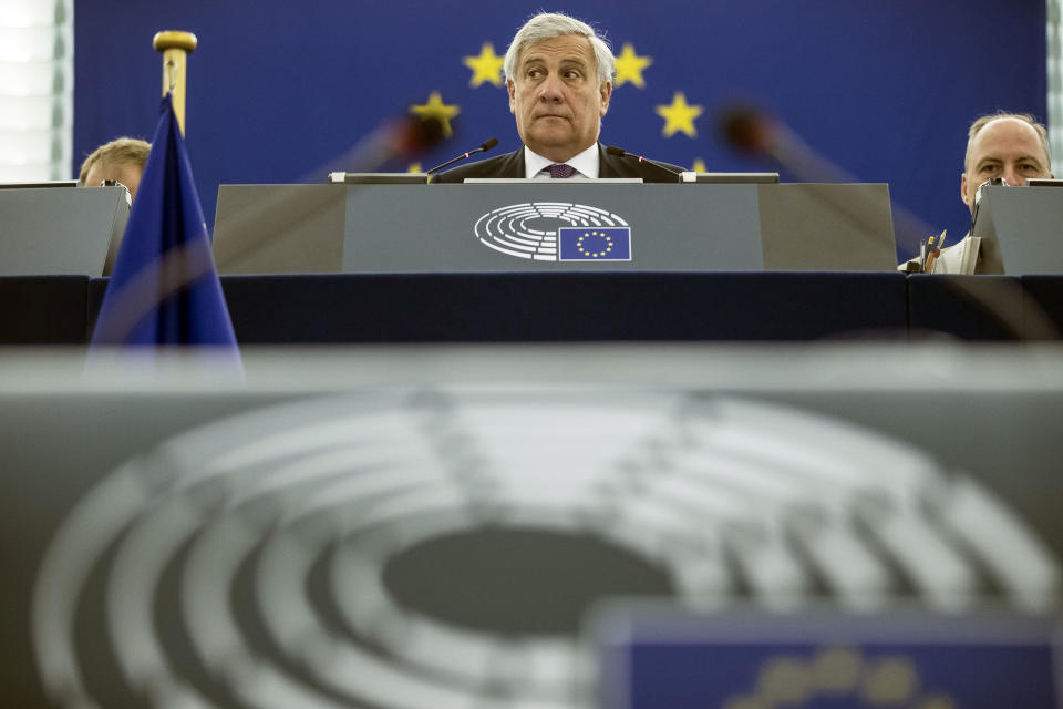 European Parliament President Antonio Tajani listens to European Commission President Jean-Claude Juncker delivering his State of Union speech at the European Parliament in Strasbourg, eastern France, Wednesday, Sept.12, 2018. (AP Photo/Jean-Francois Badias)