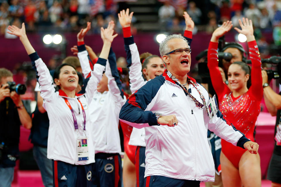 Geddert celebrates during the final rotation in the Artistic Gymnastics Women's Team final on Day 4 of the London 2012 Olympic Games. (Photo: Jamie Squire/Getty Images)