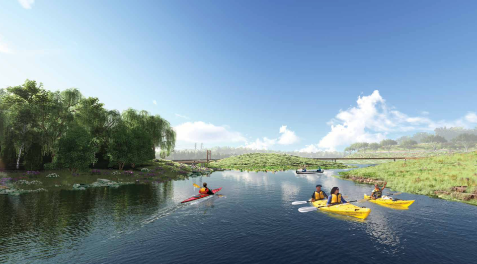 A rendering of the proposed Wetland Ecology Islands in the Lake Springfield Park. The islands would be accompanied by a three-mile long boardwalk above the water to allow people of all abilities to experience the lake.