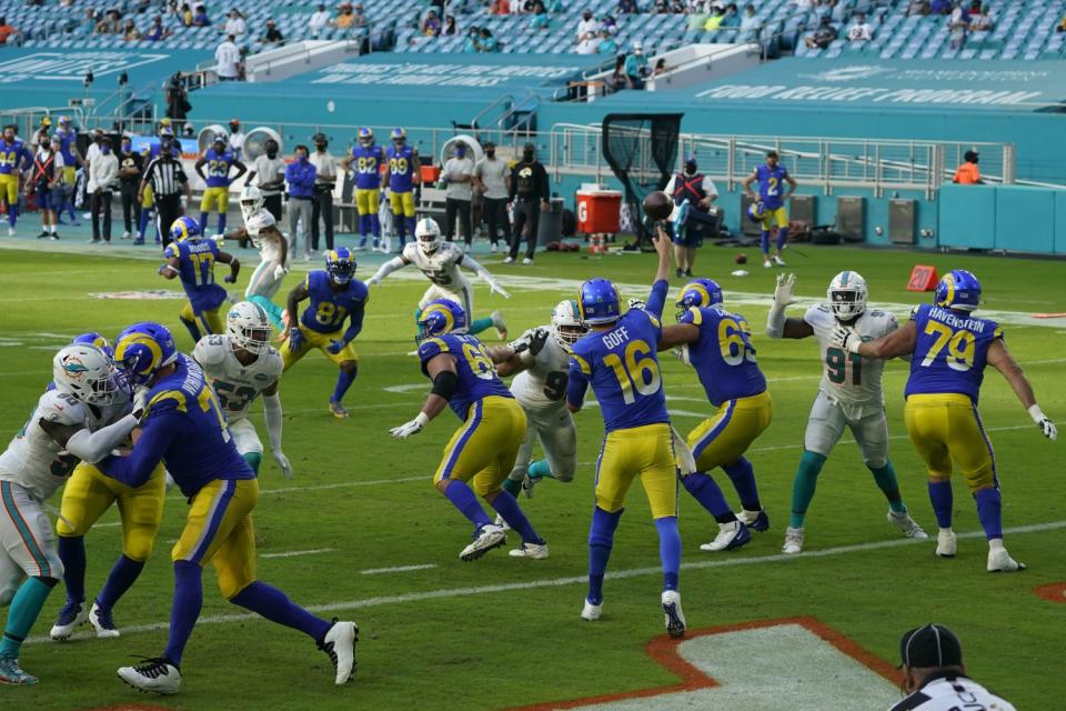 Rams quarterback Jared Goff throws during Sunday's loss to the Miami Dolphins.