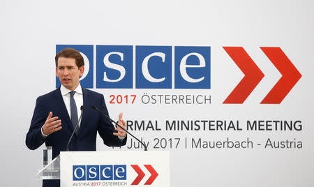 Austrian Foreign Minister Sebastian Kurz addresses the media after an OSCE informal ministerial meeting in Mauerbach, Austria July 11, 2017. REUTERS/Leonhard Foeger