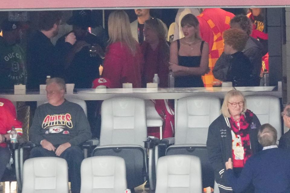 Recording artist Taylor Swift arrived to Super Bowl LVIII between Kansas City Chiefs and San Francisco 49ers at Allegiant Stadium in Las Vegas on Feb. 11, 2024, after performing an Eras tour concert in Tokyo the day before.