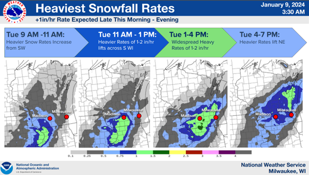 The heaviest snowfall rates across southern Wisconsin are expected in the afternoon for southern Wisconsin and the evening for the northeast part of the state.