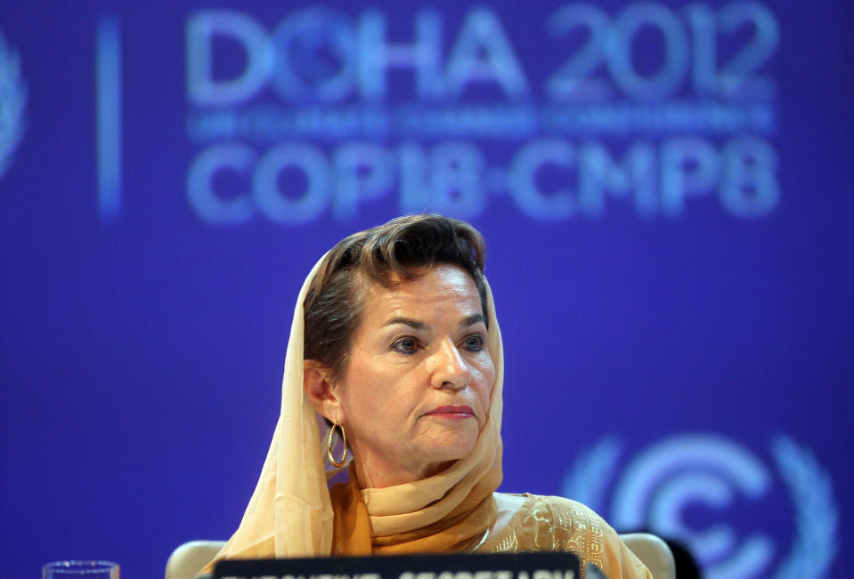 FILE - In this Monday, Nov. 26, 2012 file photo, Christiana Figueres, Executive Secretary of the United Nations Framework Convention on Climate Change (UNFCCC) attends the opening session of the United Nations Climate Change conference in Doha, Qatar. The United Nations climate chief is urging people not to look solely to their governments to make tough decisions to slow global warming, and instead to consider their own role in solving the problem. Approaching the half-way point of two-week climate talks in Doha, Christiana Figueres, the head of the U.N.'s climate change secretariat, said Friday, Nov. 30, 2012 that she didn't see "much public interest, support, for governments to take on more ambitious and more courageous decisions." (AP Photo/Osama Faisal, File)