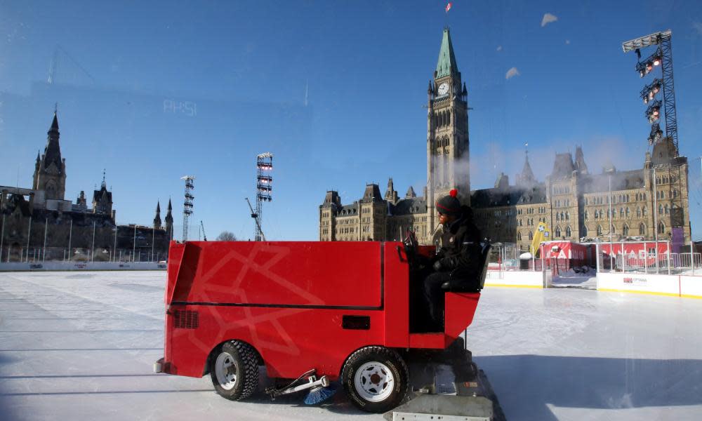 A Zamboni attempts to groom the ice surface on the ice rink on Parliament Hill in Ottawa but the cold snap means no hockey for the time being.