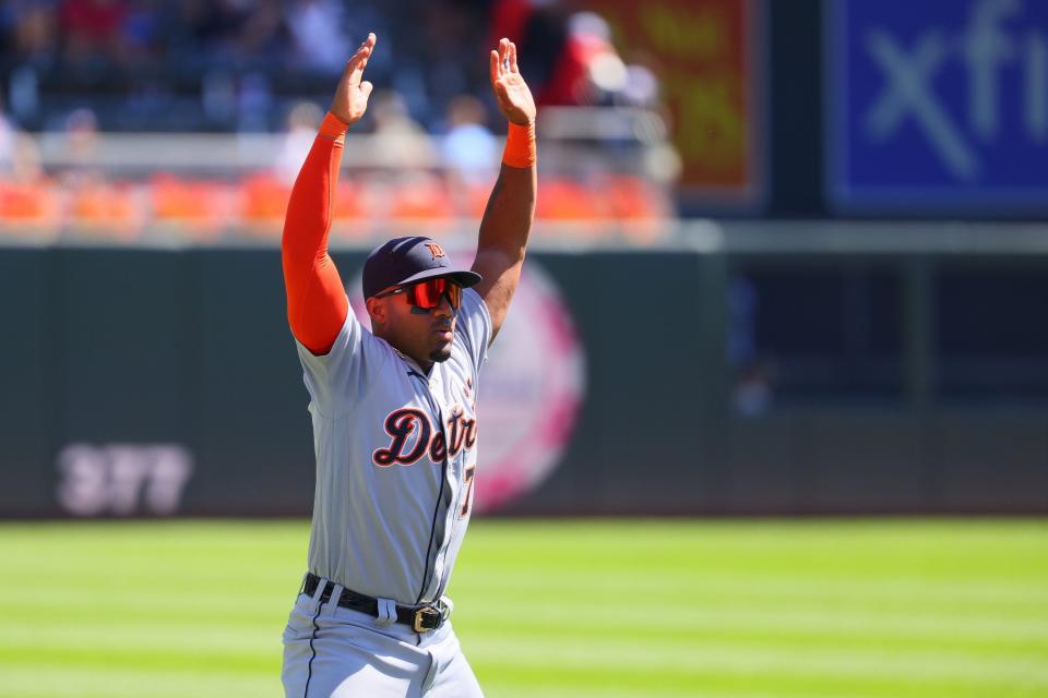 Tigers second baseman Andy Ibanez stretches before the game against the Twins on Wednesday, Aug. 16, 2023, in Minneapolis.