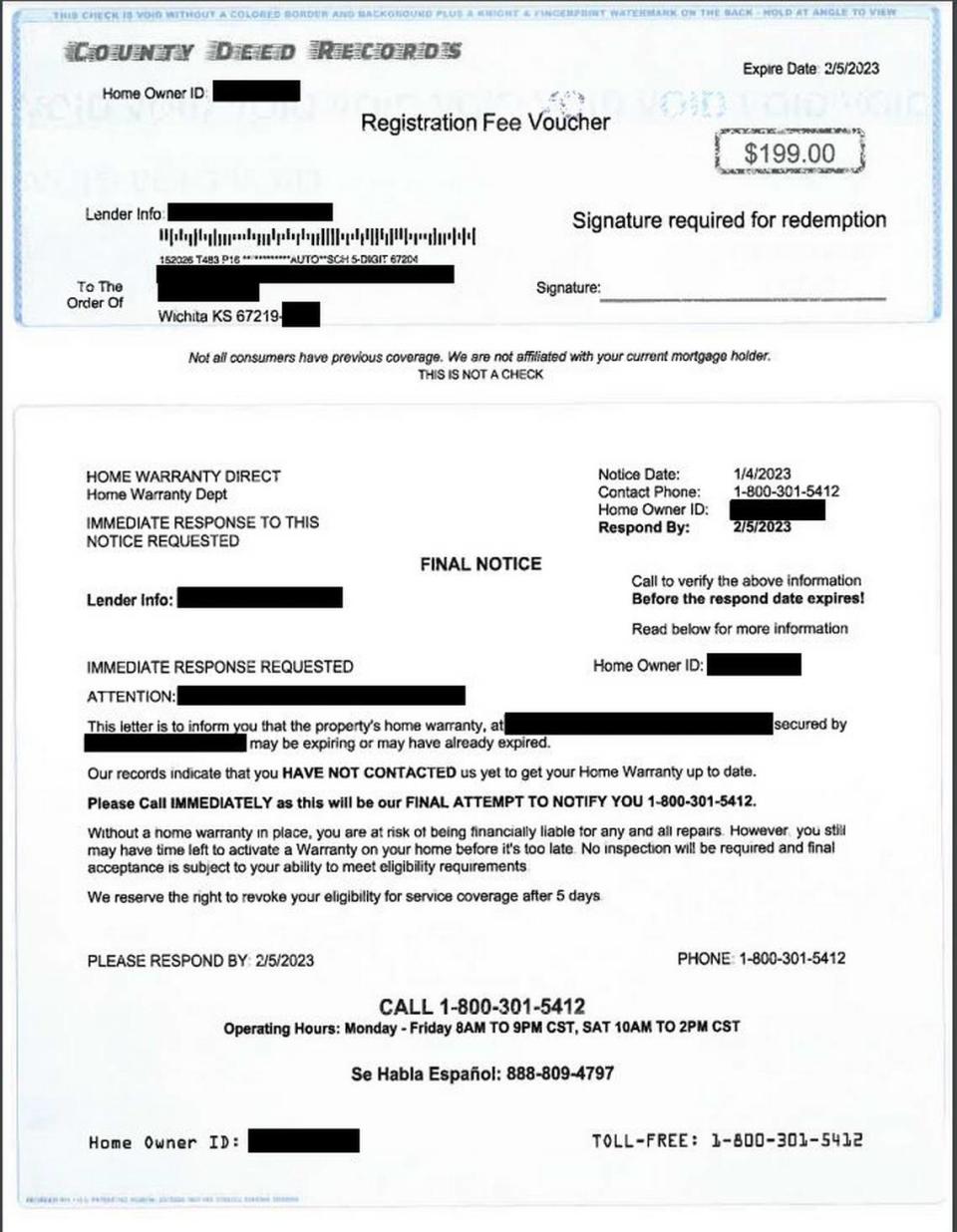 This is an example of what a local official says is a scam letter trying to convince people to buy a home warranty. Personal information from the homeowner, which was included in the letter, has been redacted.