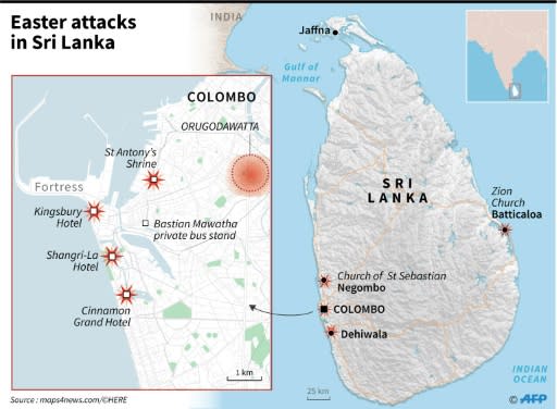 Maps of Sri Lanka and its capital Colombo, marking the locations of a series of suicide bombings on April 21, 2019