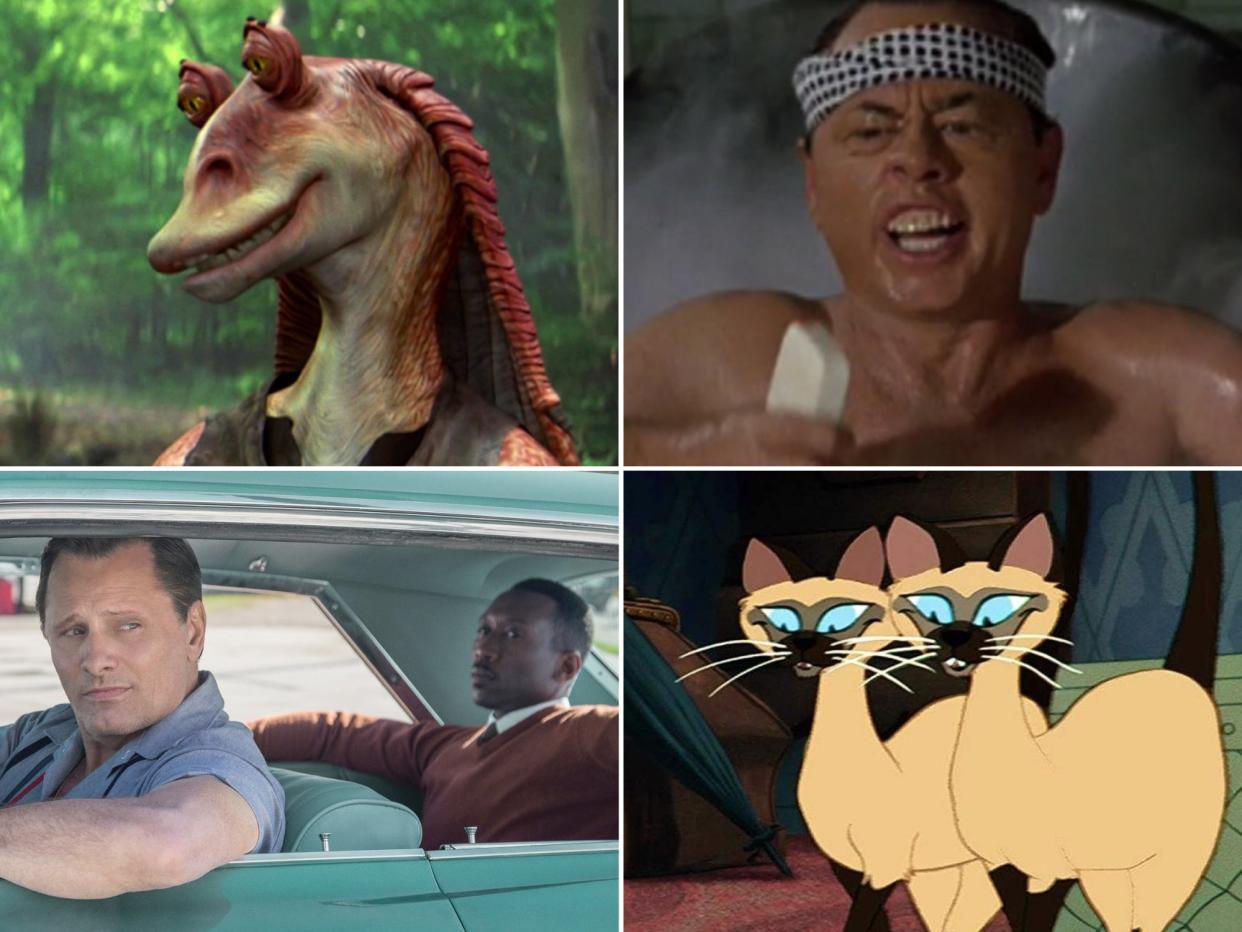 Clockwise from top right: Mickey Rooney in Breakfast at Tiffany's, the siamese cats in Lady and the Tramp, Viggo Mortensen and Mahershala Ali in Green Book, and Jar Jar Binks in Star Wars: Lucasfilm/Paramount/Disney/Universal