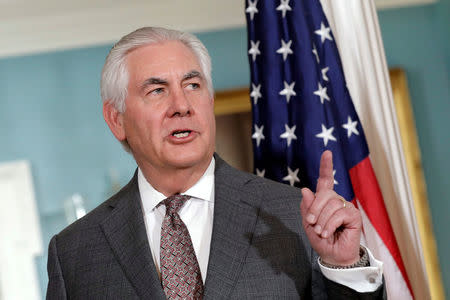 FILE PHOTO: U.S. Secretary of State Rex Tillerson talks to members of the media before his meeting with Qatari Foreign Minister Sheikh Mohammed bin Abdulrahman Al Thani at the State Department in Washington, DC, U.S. on November 20, 2017. REUTERS/Yuri Gripas/File Photo