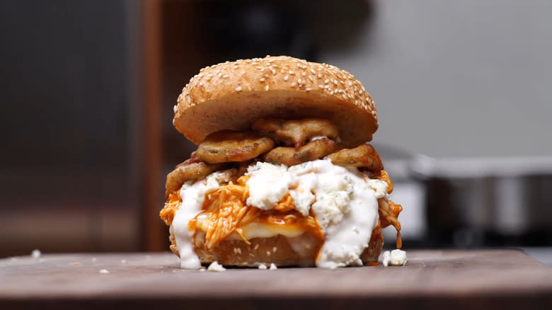 Fried pickles on buffalo chicken sandwich