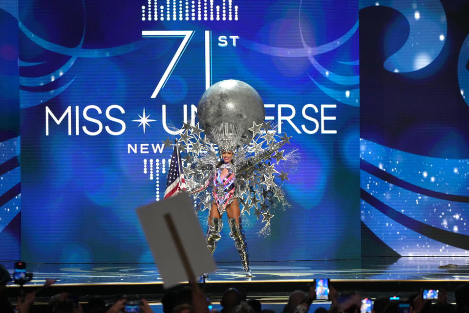 NEW ORLEANS, LOUISIANA - JANUARY 11: Miss USA, R'bonney Gabriel walks onstage during the 71st Miss Universe Competition National Costume show at New Orleans Morial Convention Center on January 11, 2023 in New Orleans, Louisiana. (Photo by Josh Brasted/Getty Images)