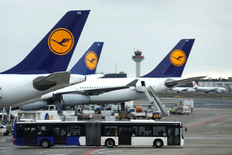 Airplanes of German carrier Lufthansa stand at the air terminal of Frankfurt Airport