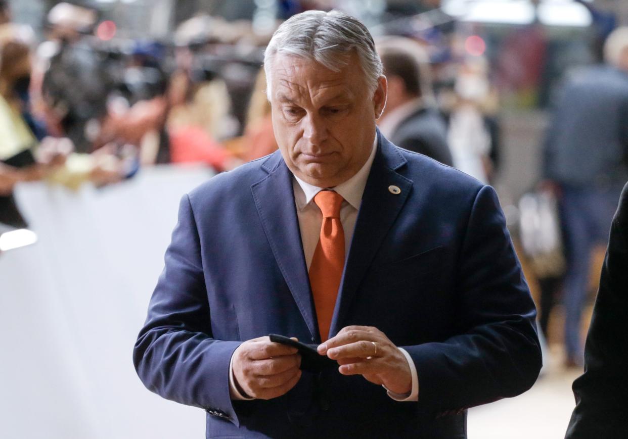 Hungarian prime minister Mr Orban arrives on the first day of an EU summit in June (EPA)