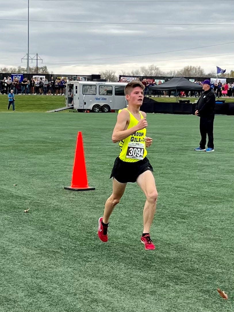 Mount Gilead's Parker Bartlett runs during last year's Division III boys cross country state championships at Fortress Obetz, helping the Indians to a team championship. Bartlett opened the 2023 season with a pair of victories.