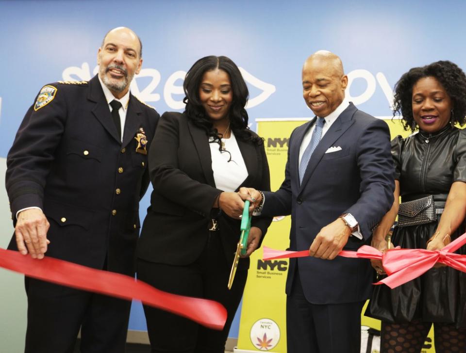 Legal Dispensary owner Leanne Mata cutting the Ribbon with NYC Mayor Eric Adams. BRIGITTE STELZER