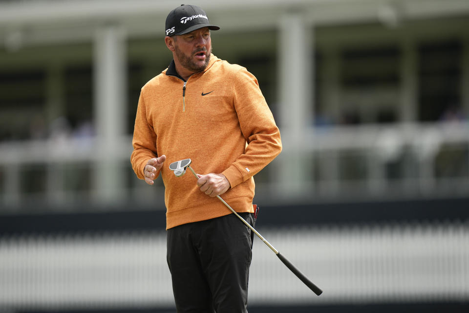 Michael Block reacts after missing a putt on the eighth hole during the second round of the PGA Championship golf tournament at Oak Hill Country Club on Friday, May 19, 2023, in Pittsford, N.Y. (AP Photo/Eric Gay)