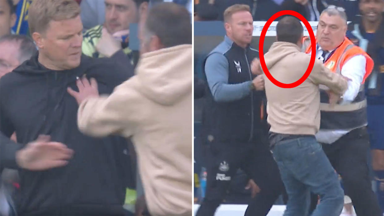 Newcastle United manager Eddie Howe was confronted by an angry football fan in shocking scenes that rocked the Premier League. Pic: Optus Sport