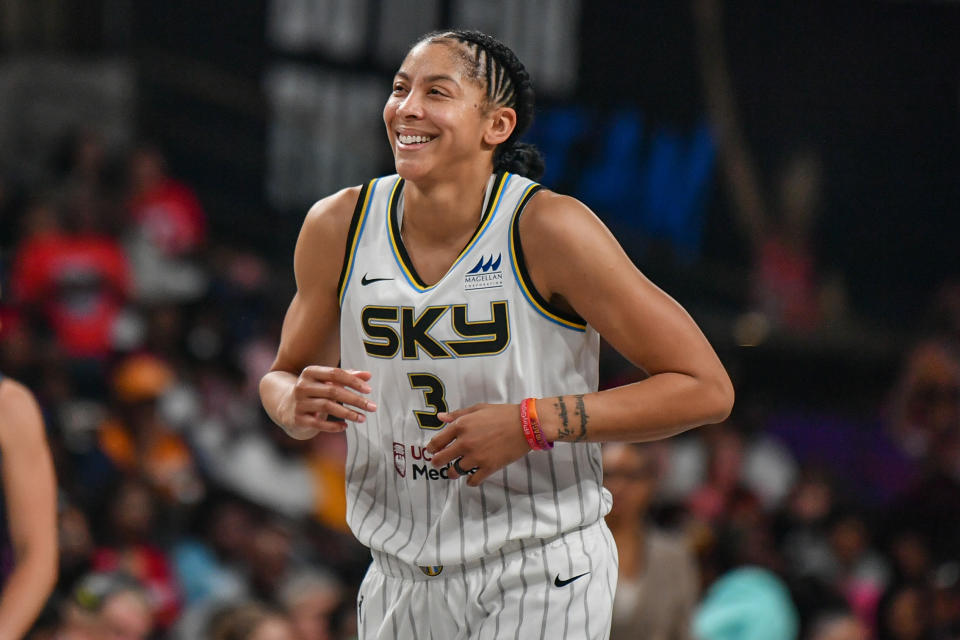 COLLEGE PARK, GA  JUNE 03:  Chicago forward Candace Parker (3) reacts to a foul call during the WNBA game between the Chicago Sky and the Atlanta Dream on June 3rd, 2022 at Gateway Center Arena in College Park, GA. (Photo by Rich von Biberstein/Icon Sportswire via Getty Images)