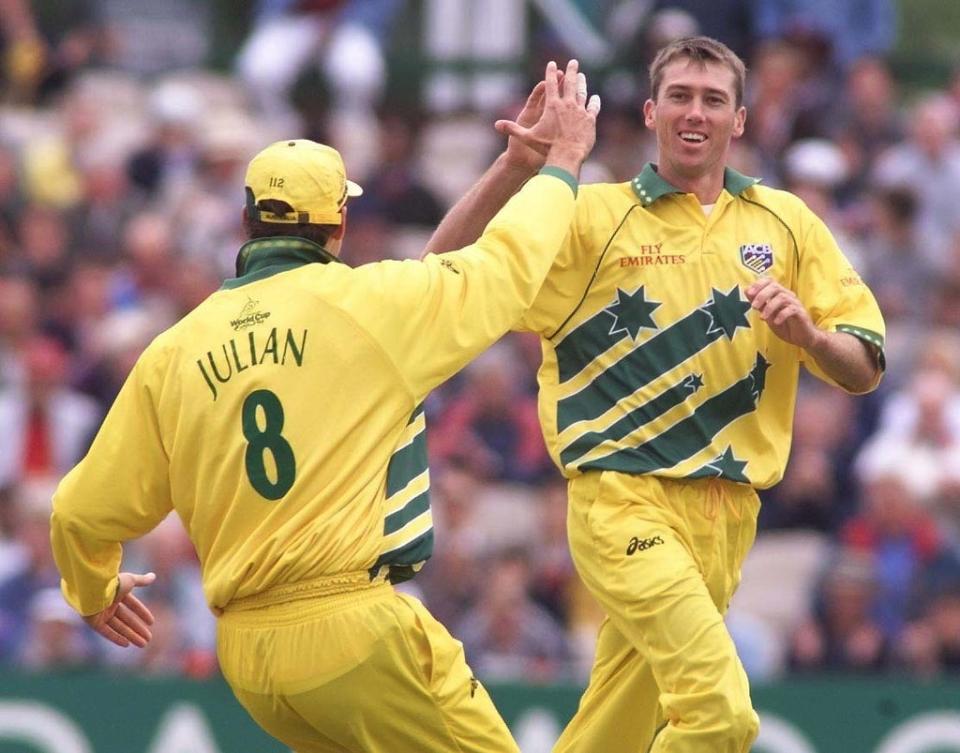 Glenn McGrath in Australia’s 1999 World Cup shirt (Owen Humphreys/PA) (PA Archive)