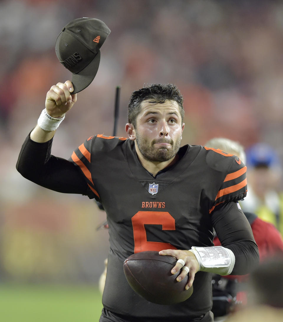 Cleveland Browns quarterback Baker Mayfield celebrates after the Browns defeated the New York Jets 21-17 in an NFL football game Thursday, Sept. 20, 2018, in Cleveland. (AP Photo/David Richard)