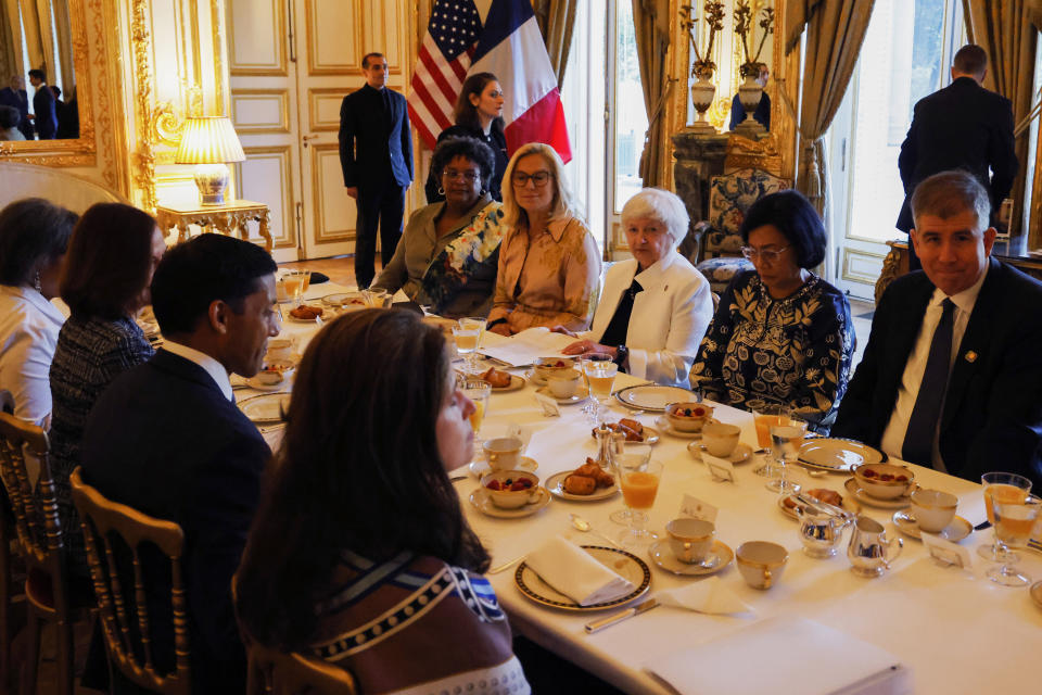 From the left, Prime Minister of Barbados Mia Mottley, Netherlands' Minister of Finance Sigrid Kaag, US Treasury Secretary Janet Yellen and Indonesias Finance Minister Sri Mulyani meet at the U.S embassy, on the sidelines of the New Global Financial Pact Summit, in Paris, Friday, June 23, 2023. The aim of the two-day climate and finance summit was to set up concrete measures to help poor and developing countries whose predicaments have been worsened by the devastating effects of the COVID-19 pandemic and the war in Ukraine better tackle poverty and climate change. (Ludovic Marin, Pool via AP)