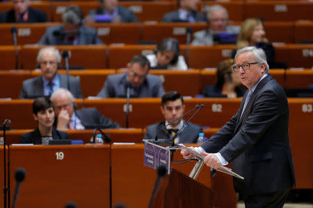 European Commission President Jean-Claude Juncker addresses the Parliamentary of the Council of Europe in Strasbourg, France, April 19, 2016. REUTERS/Vincent Kessler