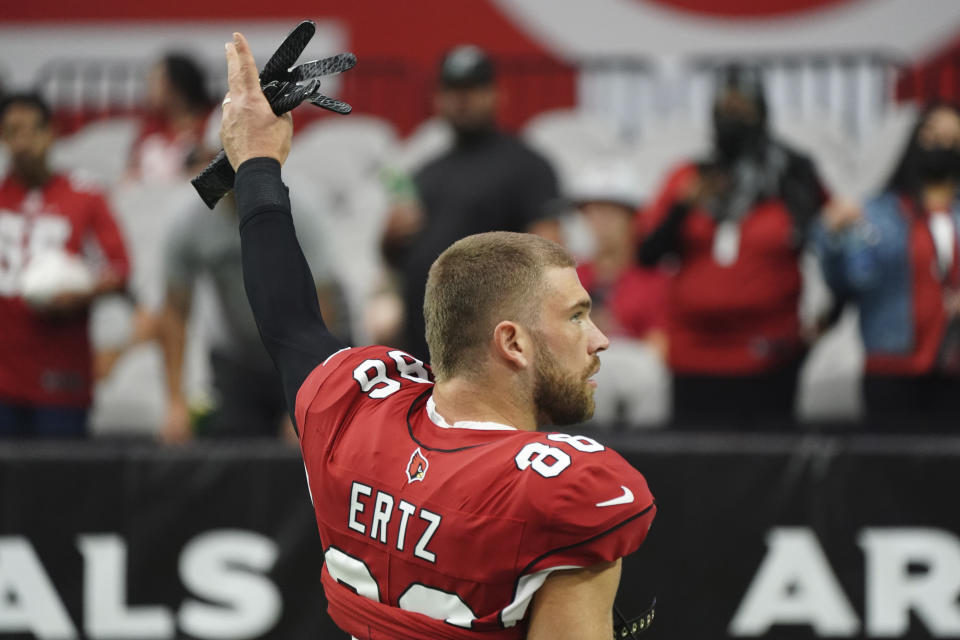 Arizona Cardinals tight end Zach Ertz (86) greets fans as he takes the field prior to an NFL football game against the Houston Texans, Sunday, Oct. 24, 2021, in Glendale, Ariz. (AP Photo/Darryl Webb)