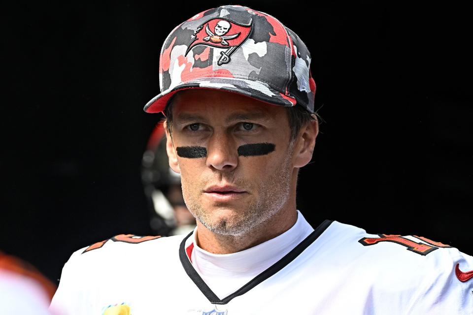 Tampa Bay Buccaneers quarterback Tom Brady (12) looks on to the field as he enters from the tunnel during the game between the Tampa Bay Buccaneers and the Pittsburgh Steelers at Acrisure Stadium in Pittsburgh, PA on October 16, 2022.