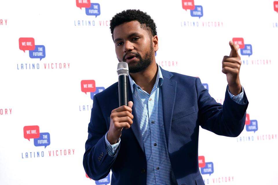 Maxwell Frost, Democratic congressional candidate for Florida's District 10, speaks during a rally, Thursday, Oct. 20, 2022, in Coral Gables, Fla.