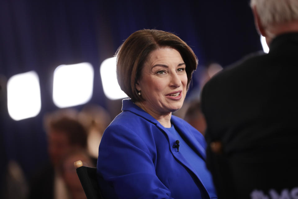 Democratic presidential candidate, Sen. Amy Klobuchar, D-Minn., is interviewed in the spin room after a Democratic presidential primary debate Wednesday, Feb. 19, 2020, in Las Vegas, hosted by NBC News and MSNBC. (AP Photo/Matt York)