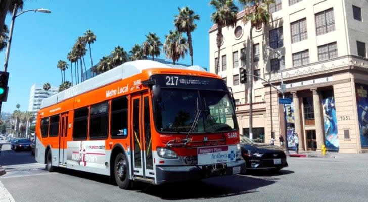 Image of a Metro Local public transportation bus on Hollywood Blvd.