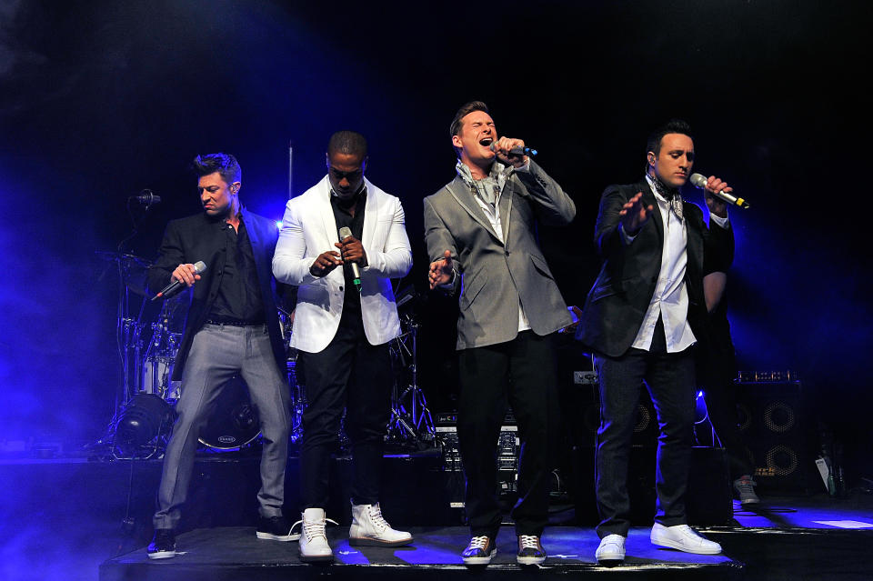 LONDON, ENGLAND - MAY 03:  (L-R) Duncan James, Simon Webbe, Lee Ryan and Antony Costa of Blue perform at Shepherds Bush Empire on May 3, 2013 in London, England.  (Photo by Matt Kent/WireImage)