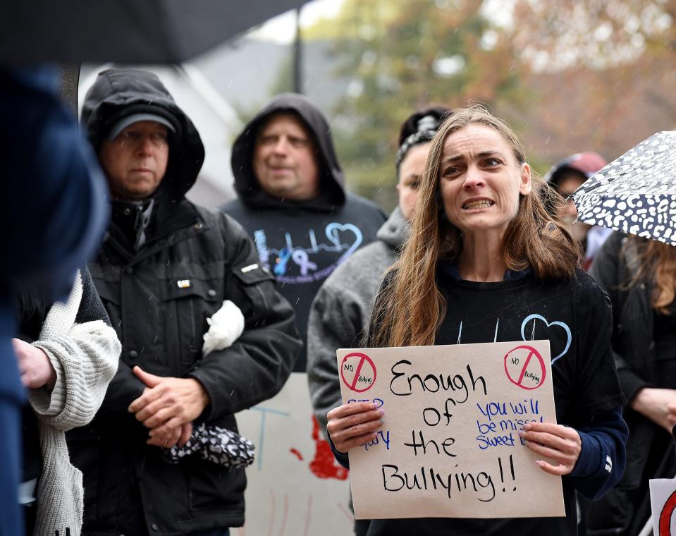 Juin Poineau speaks out against bullying at the "Justice for Gary" anti-bullying rally  Friday, April 28, 2023, at Monroe Middle School. Poineau's daughter Mackenzea Coots is a seventh grader at Monroe Middle School. Gary Ross, 13, an eighth grader at Monroe Middle School, died by suicide April 19.