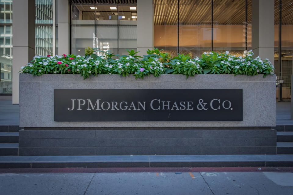 Manhattan, New York, USA - 09/14/2023: The front entrance marquee of the JPMorgan Chase headquarters building in Manhattan.  (Photo by Erik McGregor/LightRocket, Getty Images)