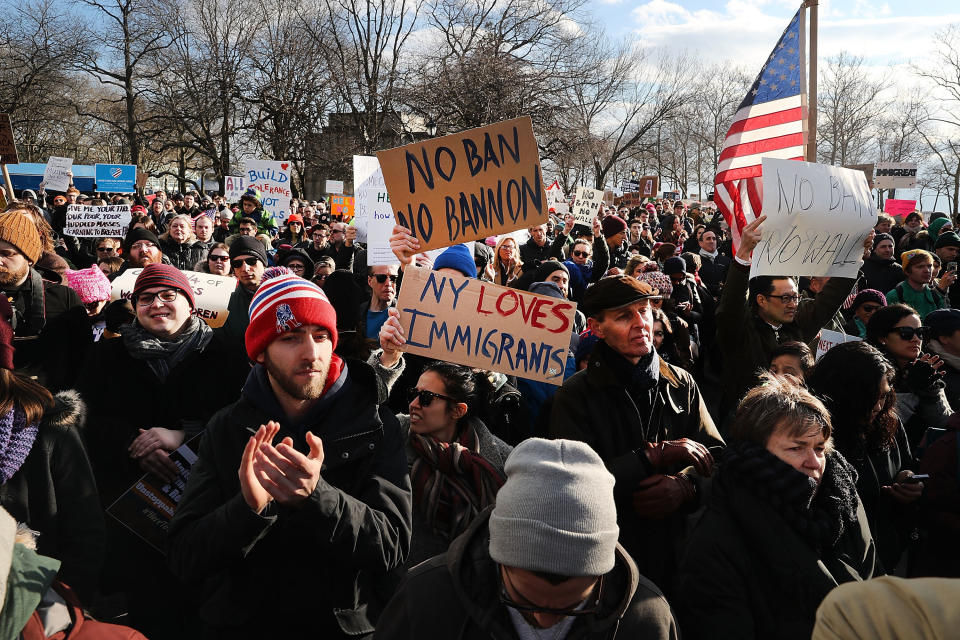 People attend an afternoon rally in Battery Park in New York City.&nbsp;