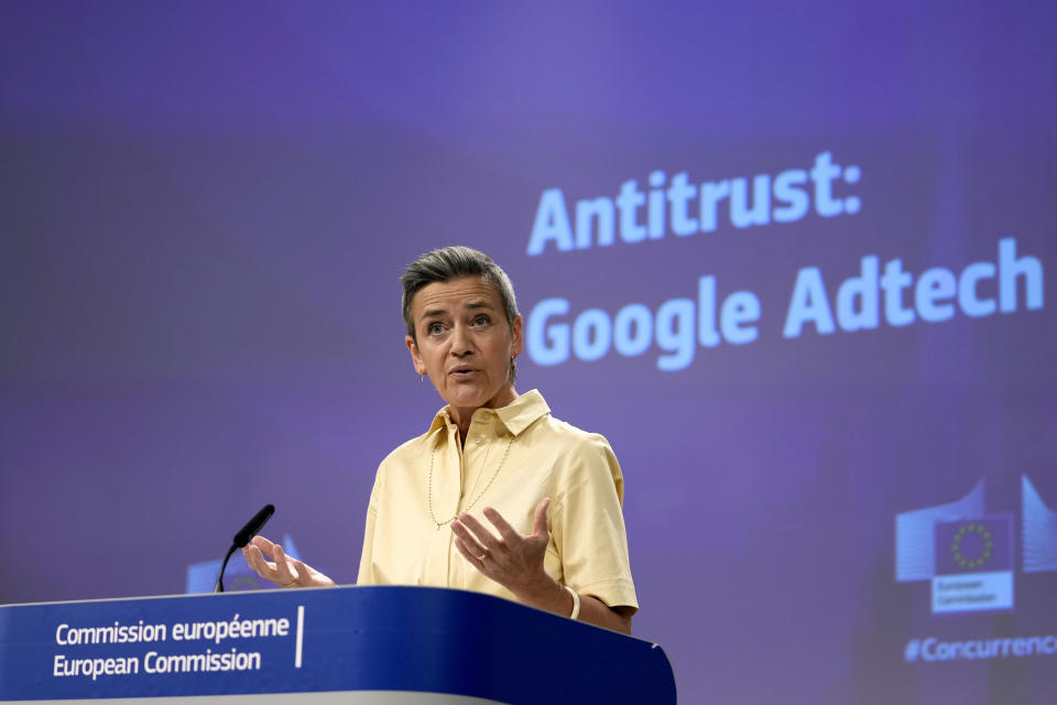 European Commissioner for Europe fit for the Digital Age Margrethe Vestager speaks during a media conference regarding an antitrust case against Google Adtech at EU headquarters in Brussels, Wednesday, June 14, 2023. (AP Photo/Virginia Mayo)