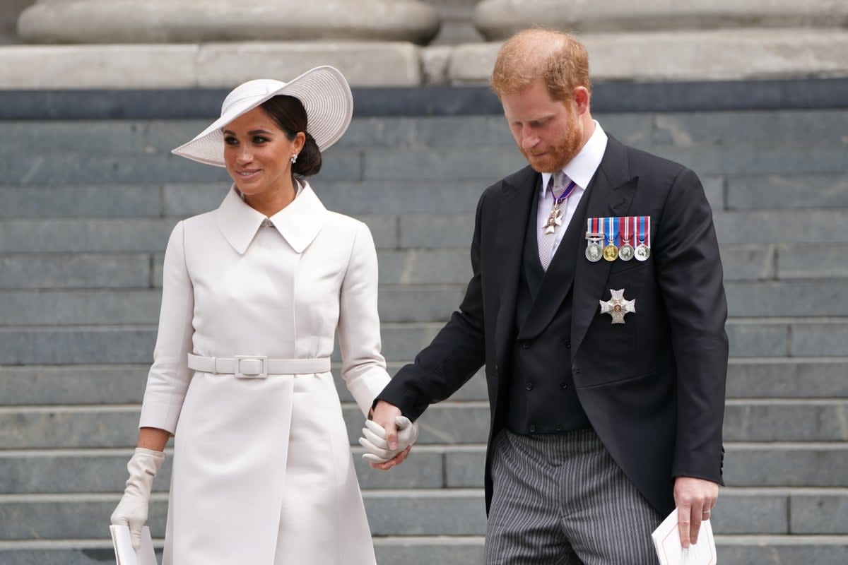 The Duke and Duchess of Sussex leave the National Service of Thanksgiving at St Paul’s Cathedral, London, on day two of the Platinum Jubilee celebrations for the Queen (Kirsty O’Connor/PA) (PA Wire)