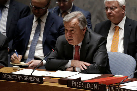 United Nations Secretary General Antonio Guterres addresses a meeting of the U.N. Security Council on South Sudan at U.N. headquarters in New York City, New York, U.S. March 23, 2017. REUTERS/Mike Segar