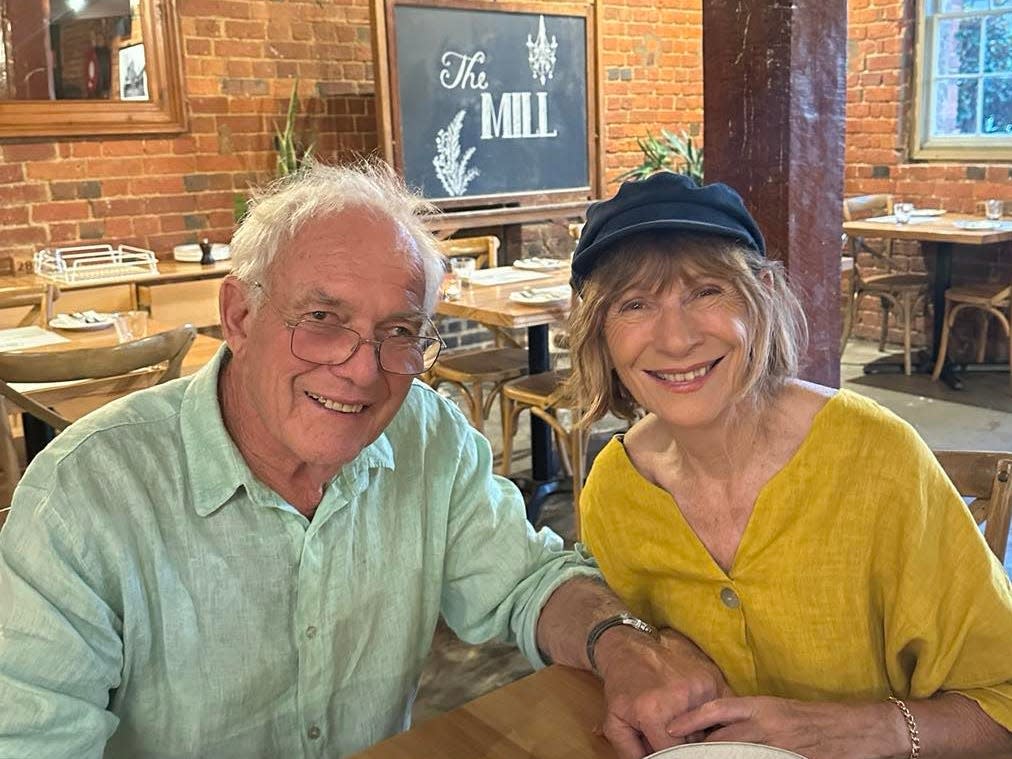 Ted and Joy Gray in a cafe sharing dessert on Joy's 80th birthday.