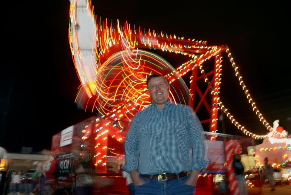 Lufkin Mayor Mark Hicks at the Rudolph the Red Nosed Pumping Unit lighting ceremony in downtown Lufkin.