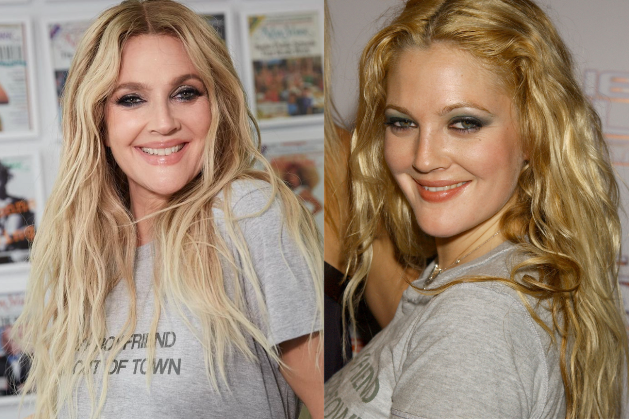 Drew Barrymore received a makeover from Charlotte Tilbury to recreate a look from 2003. (Images via Instagram/@thedrewbarrymoreshow and Getty Images)