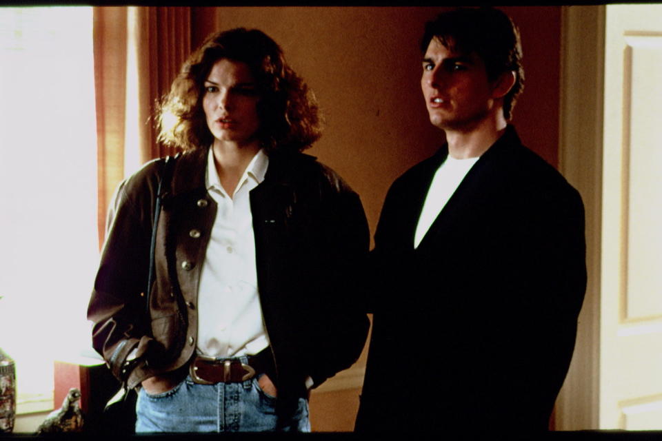 American actors Jeanne Tripplehorn and Tom Cruise on the set of The Firm, based on the novel by John Grisham and directed by Sydney Pollack. (Photo by Francois Duhamel/Sygma via Getty Images)