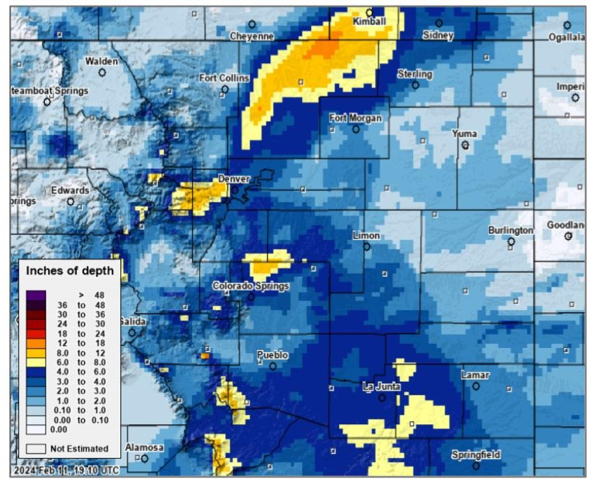 This map from the National Weather Service in Boulder shows snow totals across the state from the Feb. 9-10, 2024 storm.