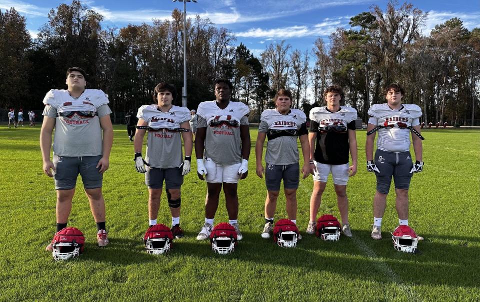 The Savannah Christian offensive line (from left to right) Jordan Dillon, Landon Brown, JT Howell, Luke Gunn, Noah Lewis and Tyson Gross.