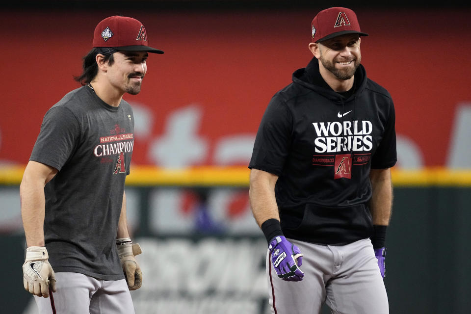 Evan Longoria（圖右）與Corbin Carroll。（Photo by Sam Hodde/Getty Images）