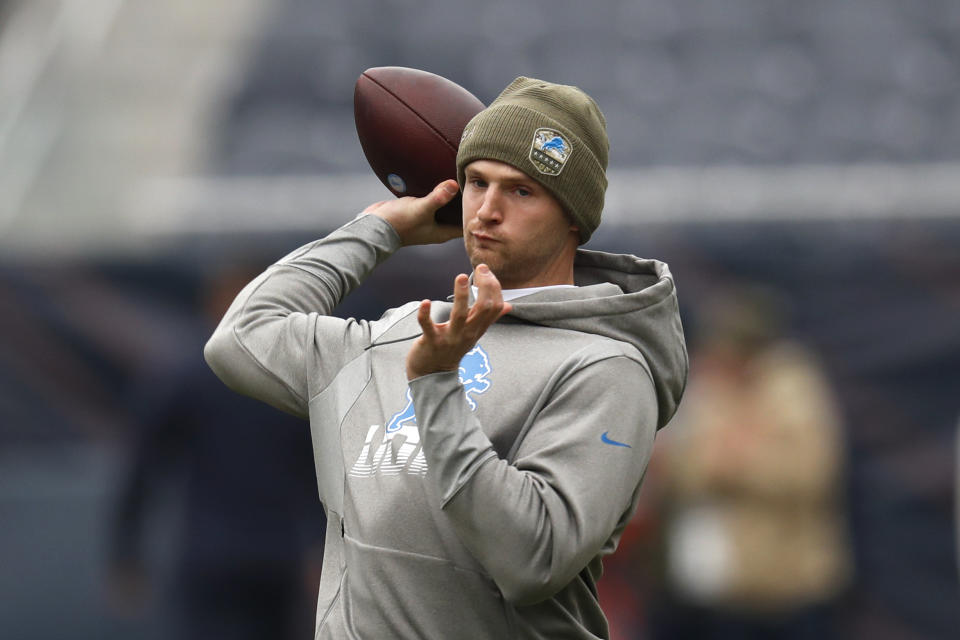 Detroit Lions quarterback Jeff Driskel throws before an NFL football game against the Chicago Bears in Chicago, Sunday, Nov. 10, 2019. (AP Photo/Charles Rex Arbogast)